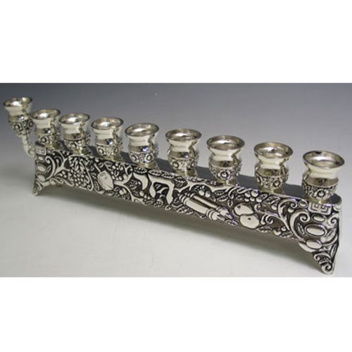 Hanukkah Menorah Hanukkia Unique Silver Plated With " Chai" In Hebrew, Can be used With Oil Or Candles. Size: 11.5" 3" Great Gift For; Shabbat Chanoka Rabbi Temple Wedding Baby Naming Housewarming Bar Mitzvah Bat Mitzva and Jewish Homes.