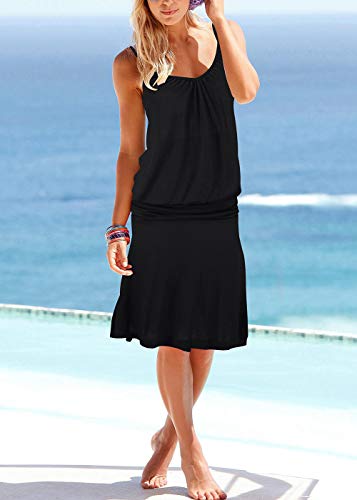 Jusfitsu Women's Summer Casual Dress Strappy Cotton Midi Beach Dresses Print Flare Beachwear Stretchy Black M