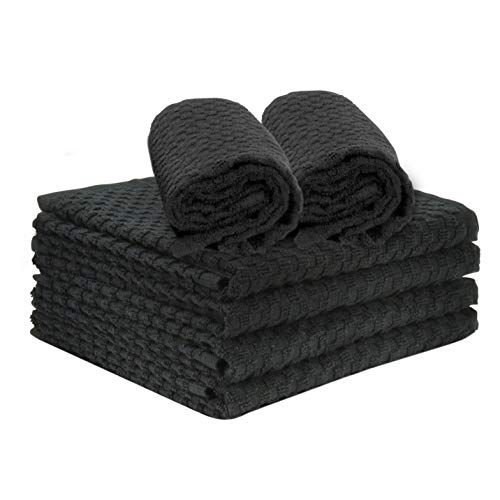 Talvania Kitchen Towels 100% Cotton Dobby Weave Terry Towel Set Soft and Absorbent Multipurpose Dish Cloth, Hand Towel and All Kitchen Cleaning 15" X 25" Set of 6 Machine Washable (Black)