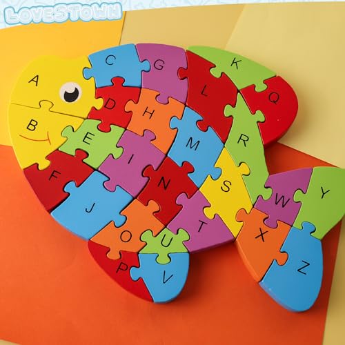 LovesTown Goldfish Wooden Puzzle, 26PCS Jigsaw Puzzle Alphabet and Number Building Blocks for Kids Toddler Preschool