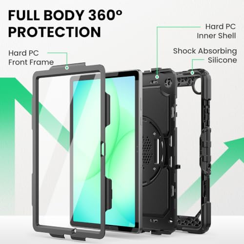 SEYMAC Cover for Samsung Galaxy Tab A11+ Plus 11 Inch 2025 (SM-X230/X235/X236), Anti-Shock and Screen Protector, 360° Swivel Stand, Hand and Shoulder Strap, Keyboard Holder, Black