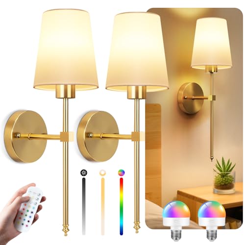 Apliques de Pared Inalámbricos Recargables, Juego de 2 Lámparas de Pared con Control Remoto, Luz LED Regulable 3000K-6500K RGB, Sin Cable, para Recámara, Sala, Pasillo, Cocina