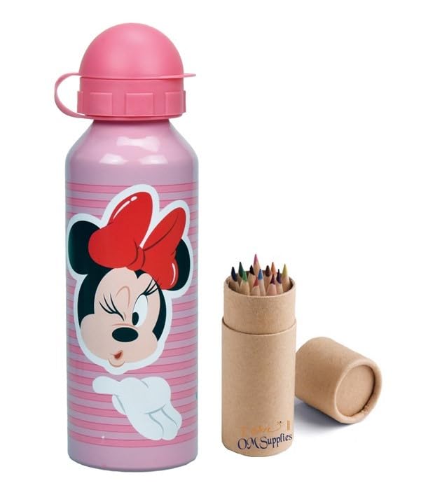 Minnie Characters Aluminium Sports Bottle 520ml - Holiday, Back to School Water Drinking Kids Lunch Children Includes Half Size 12pcs (Minnie)