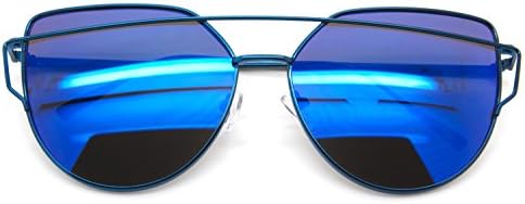 Large Oversized Cat Eye Sunglasses Metal Frame Flat Mirror Lens Women Fashion Blue Mirrored