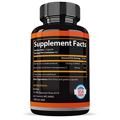 Vitamin K2 with D3 5000 IU Supplement - Vitamin D and K Complex - Bone and Heart Health Vitamin D3 K2 MK7 Formula - 5000 IU Vitamin D3 & 90 MCG Vitamin K2 MK-7-60 K2 D3 Vitamin Capsules