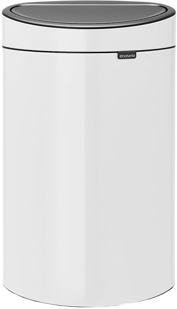 Brabantia 40L Kitchen Touch Bin New (White) Removable Lid, Soft-Touch Open, Flat Back, Easy Clean Rubbish Waste Bin + Bin Bags