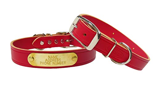 Warner Cumberland Leather Dog Collar + Free Engraved Brass ID tag (21″ Fits 15-19″ Neck, Red)