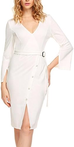 Seewebest Women's Elegant V Neck Split Button Front Formal Business Pencil Dress, White, S