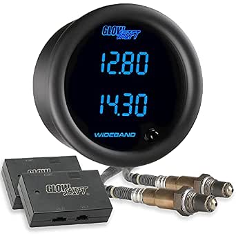 GlowShift Black Face Wideband Air/Fuel Ratio Gauge With Data Logging – 52mm Digital Display, 10.00-20.00 AFR Range, 12V, 1-Year Warranty