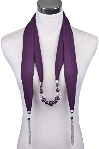 LERDU Womens Solid Cotton Jewelry Beads Pendant Scarf with Fringe Purple