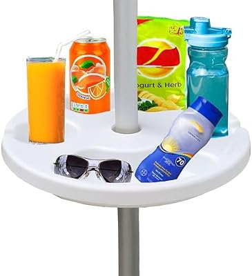 Plateau de Parasol de Plage de 33 cm pour Plage, terrasse, Jardin, Piscine avec Porte-gobelets, Compartiments à collation, Blanc