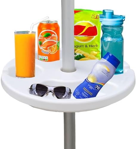 Plateau de Parasol de Plage de 33 cm pour Plage, terrasse, Jardin, Piscine avec Porte-gobelets, Compartiments à collation, Blanc