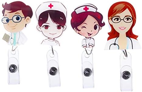 Haomian Pack of 4 Cute Cartoon Hospital Doctor and Nurse Retractable Badge Reel ID Card Name Tag Holder Clips for Women and Men (Style1)