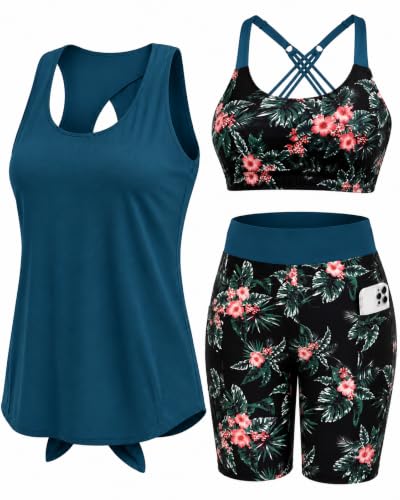 Daci Women's 3 Piece Athletic Tankini Swimsuit with Pocket Shorts