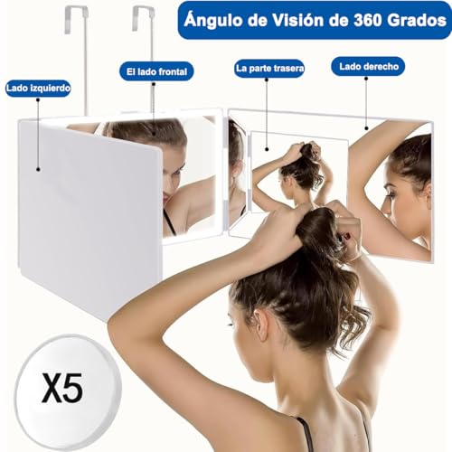 FHZLAJ Espejo de LED Recargable de 3 Vías, Espejos Triple Plegable 360 °con Ganchos Ajustables de Altura espejo para Cortar Cabello Mirror de Aumento 5X para Hombre Mujer Hogar Baño Maquillaje Peinado