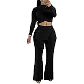 HWP Pants Sets Women 2 Piece Sexy Club Outfits Long Sleeve Ruched Crop Top Wide Leg Pants Matching Vacation Travel Set