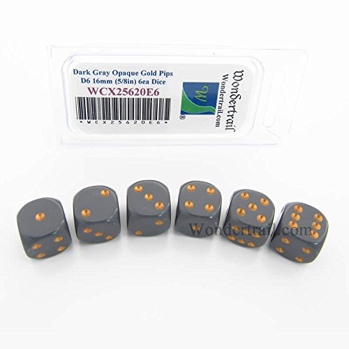 Dark Grey Opaque Dice Gold Pips D6 16mm Pack of 6 Wondertrail WCX25620E6