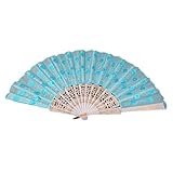 uxcell® Fabric Asia Style Folding Hand Fan for Ladies Skyblue