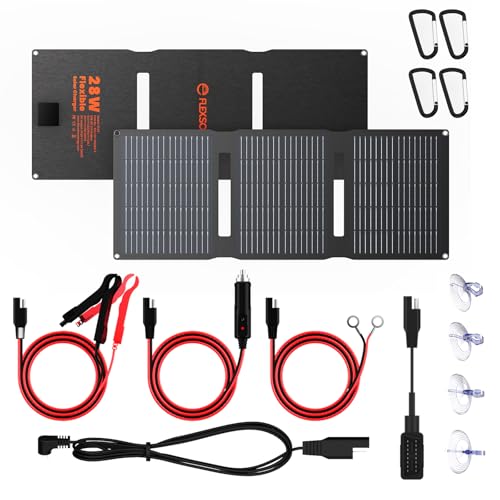 Flexsolar 28W Solar Panel 12V Solar Battery Charger Solar Module IP67 Waterproof Portable Battery Charger with USB DC SAE Cable for Car Boat Motorcycle Trailer