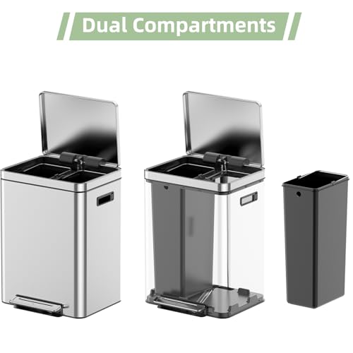 Garvee 30L Dual Compartment Trash Can, 2 x 15L Stainless Steel Recycling Bin with Soft Close Lid & Foot Pedal, 2 Removable Buckets, Rectangular Kitchen Dustbin