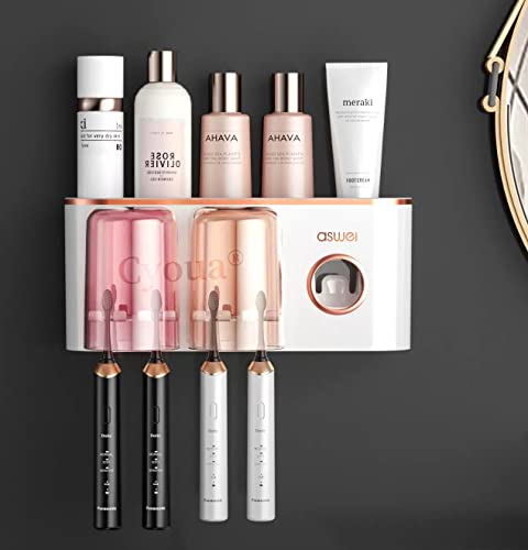 Cyoua 歯ブラシスタンド 歯ブラシホルダー 壁掛け おしゃれ 歯ブラシ立て コップ立て 歯ブラシたて 浮かせる 自動歯磨き粉ディスペンサー 自動歯磨き粉絞り器 歯磨き コップ 洗面所 収納 衛生 トイレタリー収納 多機能 穴あけ不要 うがいコップ 衛生 2人家族 (歯磨きコップ×2)