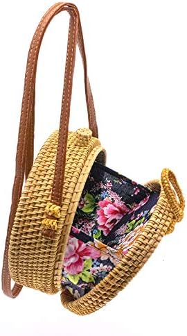 Women Handwoven Round Rattan Bag, Round Woven Straw Bag, Round Purse, Circle Tropical Beach Crossbody Bag with Cotton Fabric Inside and Cross Clasp