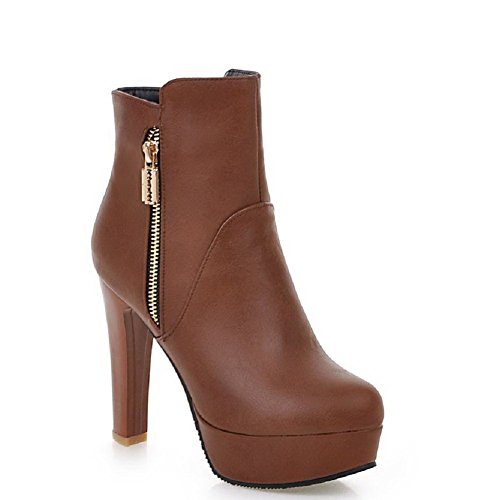 AmoonyFashion Women's Zipper Round Closed Toe High Heels Low Top Boots with Metal, Brown, 40