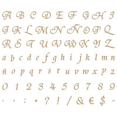Stencil Deco Alphabet 013. Stencil size: 20x30 cm (7,9x11,8 in). Design size: 2,4x1,4 cm (0,9x0,6 in)
