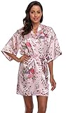 season dressing Floral Satin Kimono Robes Short Bridesmaid Robe for Parties Wedding Robes, Pink S/M