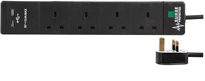PRO ELEC 4 Way 2 USB Surge Protected Extension Lead Power Strip 5m Black