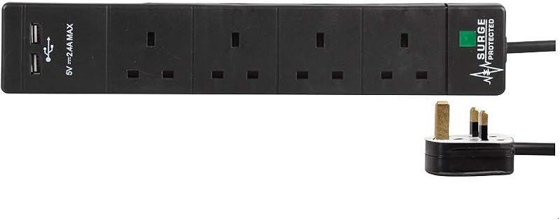 PRO ELEC 4 Way 2 USB Surge Protected Extension Lead Power Strip 5m Black