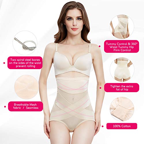 PAUKEE Shapewear for Women Hi-Waist Brief Tummy Control Underwear Slimmer Body Shaper Butt Lifter Panty Girdle (Beige, XL=8-10)