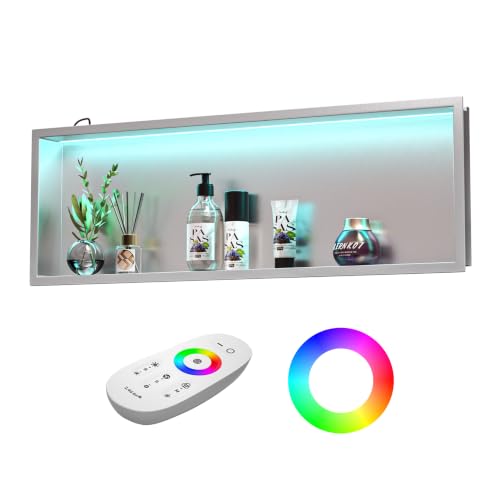 Bernkot Wall Mounted Shower Stainless Steel RGB LED Wall Mounted Niche with Remote Control 90cm x 30cm Silver