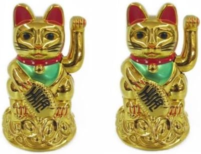 2 PCS Feng Shui GOLD BECKONING CAT Wealth Lucky Waving Kitty Maneki Neko 4" Tall