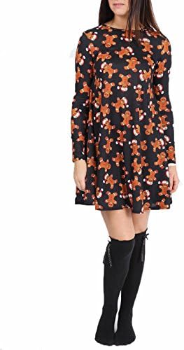 Ugly Christmas Swing Dress Long Sleeve Top (M/L, Gingerbread_Black)