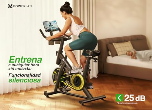 PowerPath - Bicicleta Fija Spinning Bluetooth Magnética Silenciosa Soporta 150 kg Monitor Electrónico Color Negro Ajustable Ideal para Entrenamiento Cardio con Apps en el Hogar