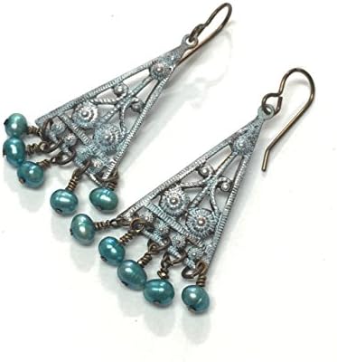 Hand painted Decorative Triangles with dyed pearl dangles.Geometric Earrings, Teal earrings (#209)