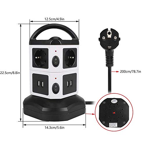 bedee Steckdosenleiste, Vertikale Mehrfachsteckdose, 6 Fach Steckdosenturm mit 4 USB Ladeanschlüsse Überspannungsschutz Steckdose, Tragbar Steckdosen mit Schalter 6,6ft Kabel für TV/PC/Laptops/iPhone