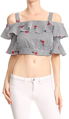 Color Era Cold-shoulder ruffled crop top with intricately embroidered flower accents (Medium, Black)