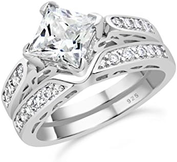 Sterling Silver Princess Cut Engagement Ring Double Band Bridal Set (7)