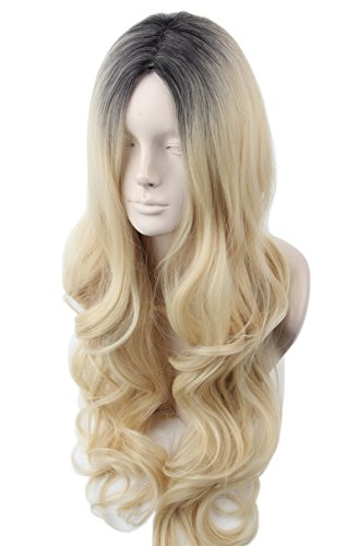 Women Wigs Hair Blonde Ombre Long Wave Natural Style Costume Wig with Dark Roots