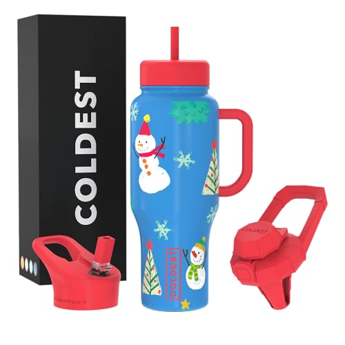 Coldest Tumbler with Handle and Straw, 100% Leak Proof Insulated Tumbler with Lid and Straw (3 Lids), Stainless Steel Tumblers for Women & Men, Cup Holder Friendly Base, 36 oz (Mr. Snowie)