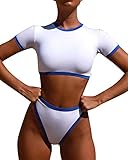 OMKAGI Women's Short Sleeve Bikini Set Sport Swimsuit Top High Cut Thong Bottom