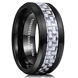 King Will GENTLEMAN 8mm Black Tungsten Ring Wedding Band Silver Carbon Fiber Inlay Beveled Edge Polished Finish