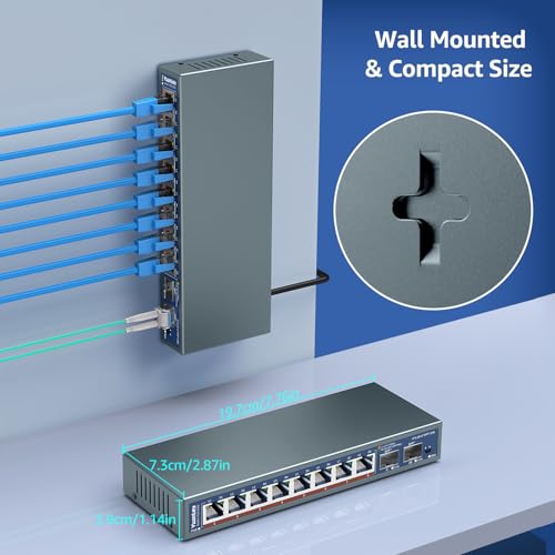 Unmanaged 10 Ports 2.5G Ethernet Switch, 8 Ports 2.5G Base-T, 2 x 10G SFP, Compatible with 100/1000/2500Mbps, Metal, Desk/Wall Mounted, YuanLey 2.5Gbe Network Switch for Wireless AP, NAS, PC