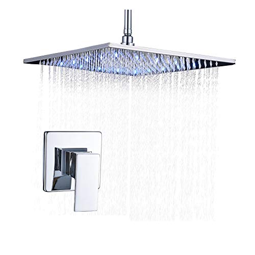 Rozin Ceiling Mounted LED Light 16-inch Rainfall Shower Head + One-way Mixer Valve Kit Chrome Finish