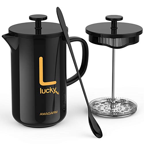 Updated 2020 Version Stoneware Natural Original Taste French Press Insulated, AMAGARM Large Coffee Maker Screen System 100% No Coffee Grounds Guarantee, Dishwasher Safe, Green and Healthy (Grade-A)