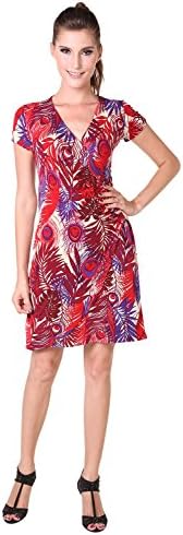 Chic Mariposa Surplice Semi Wrap V Neck Peacock Printed Women's Summer Dress – Maroon - L