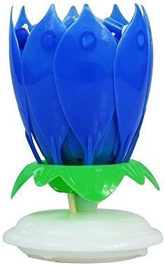 1 Pcs Romantic Music Birthday Candle Two Layers with 14 Small Candles Amazing Musical Lotus Flower Rotating Happy Birthday Party Candle Lamp (Blue)