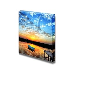 Canvas Prints Wall Art - Calm/Peaceful Scenery of a Little Boat on The Lake in Sunset | Modern Wall Decor/Home Decoration Stretched Gallery Canvas Wrap Giclee Print & Ready to Hang - 12" x 12"
